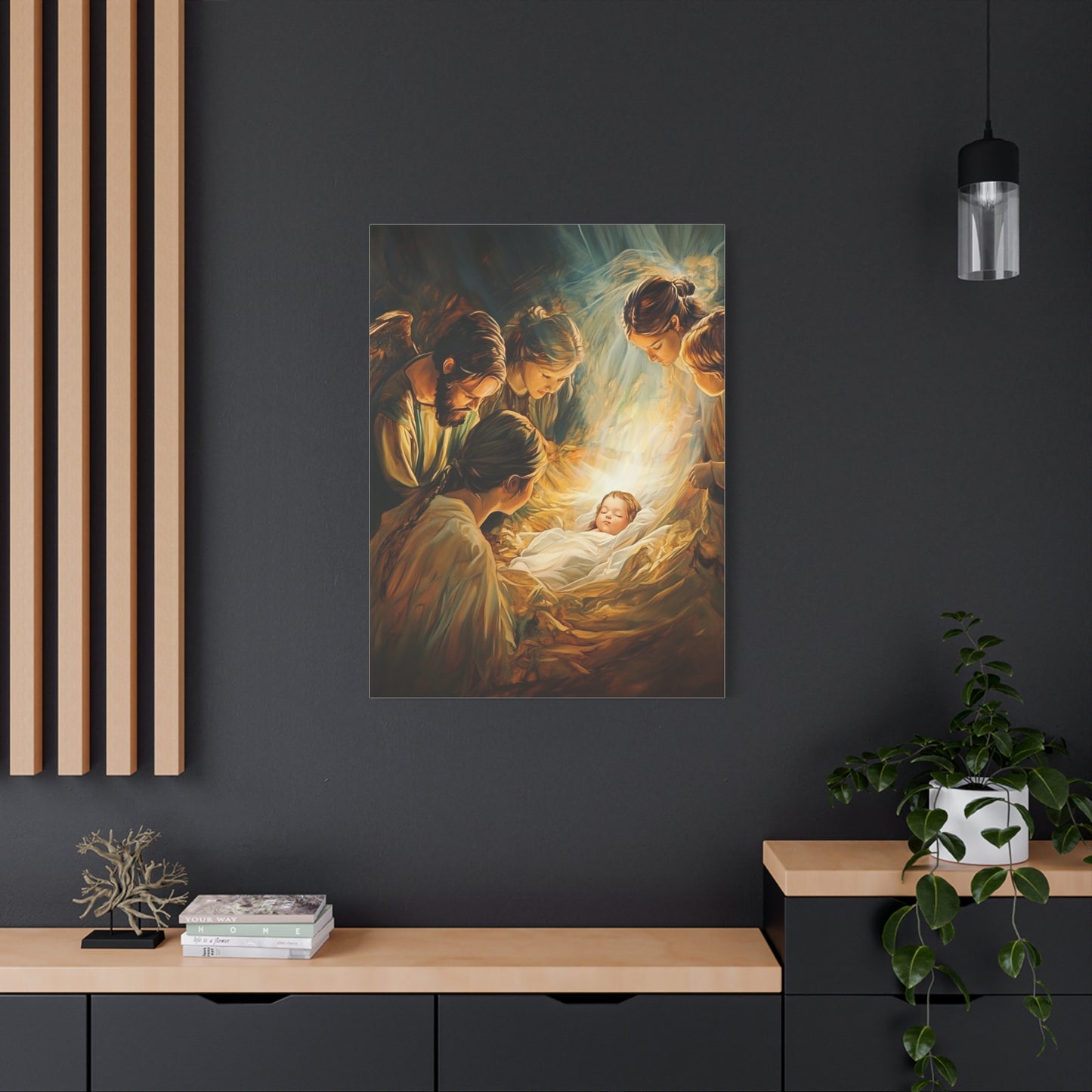 Jesus Nativity w Angels Catholic Canvas Wall Art, Christian Decor