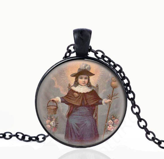 Santo Nino de  Atocha Catholic Necklace - Religious Patron Pendant. Holy Child of Atocha Catholic Medal. Black Pendant with Chain