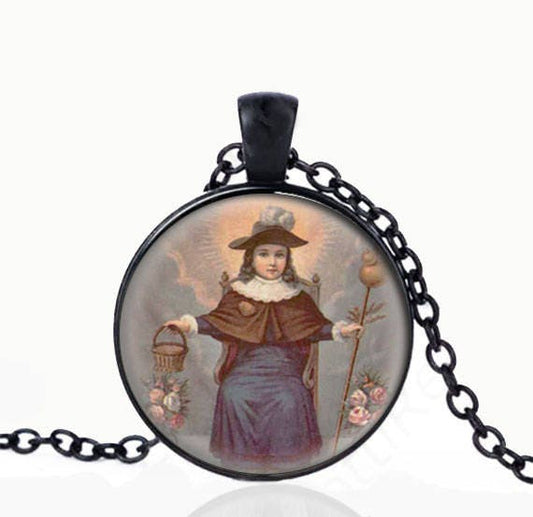 Santo Nino de  Atocha Catholic Necklace - Religious Patron Pendant. Holy Child of Atocha Catholic Medal. Black Pendant with Chain