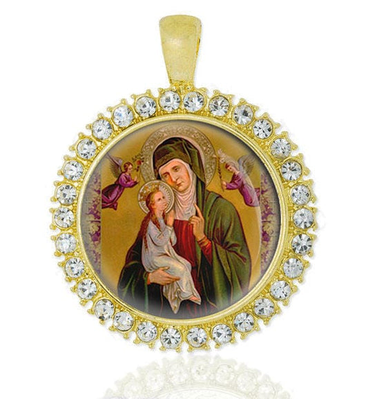 St. Anne, Child Mary and Angels - Christian Catholic Gold Medal Pendant Charm with Rhinestones