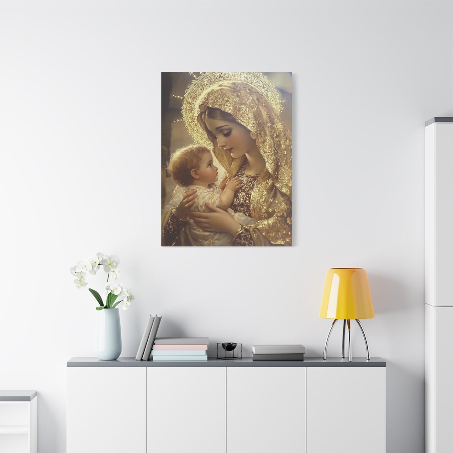 Mary and Baby in Gold Catholic Canvas Wall Art, Christian Decor