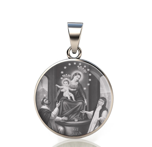 Our Lady Pompeya 925 Sterling Silver Round Pendant Christian Religious Medal Small 20mm
