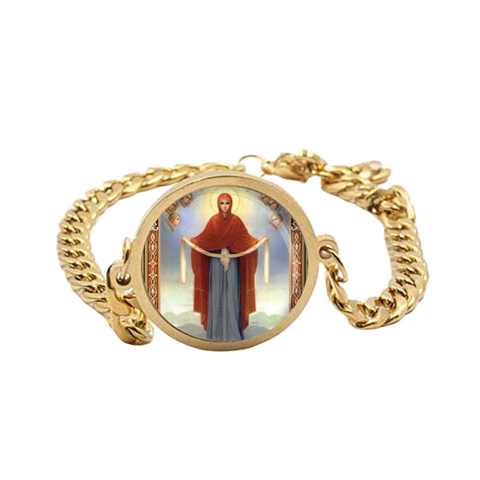 Our Lady Theotokos The Holy Protection Curb Bracelet Gold or Silver tone Religious Jewelry Simple Chain