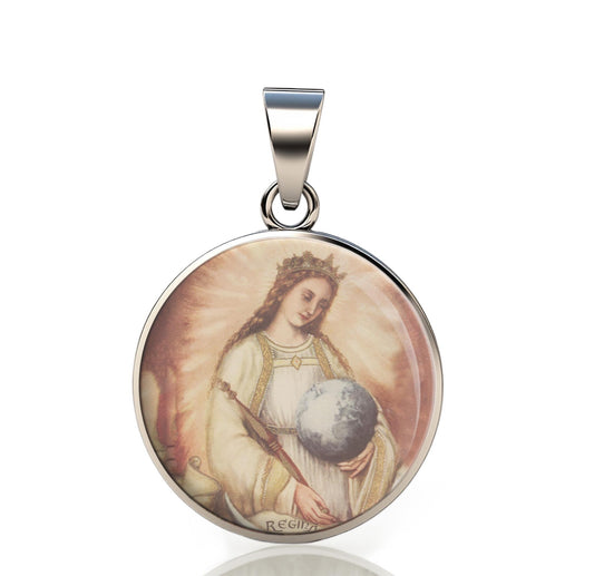 Our Lady Regina Word 925 Sterling Silver Round Pendant Christian Religious Medal Small 20mm