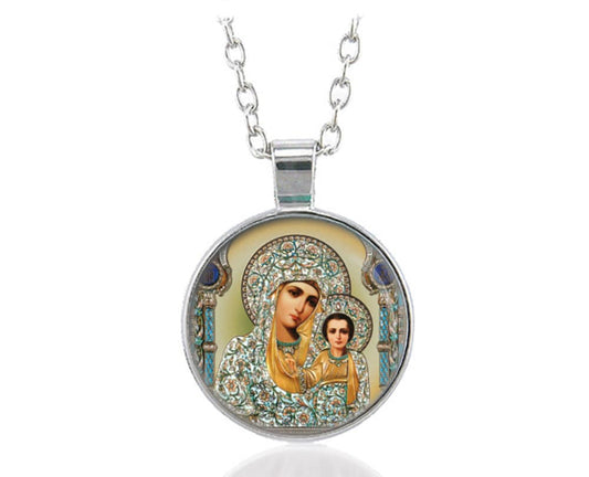 Our Lady of Kazan Theotokos Mother of God Orthodox Icon Necklace Virgin Mary Medal