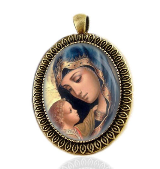 Madonna and Child Catholic Medal Virgin Mary and Jesus Religious Jewelry Pendant Oval Large Bronze