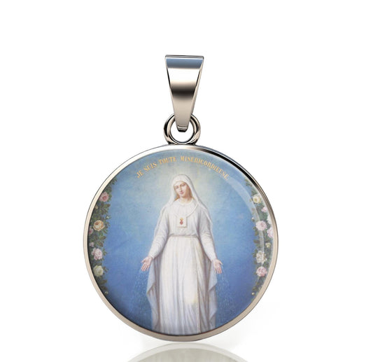 Our Lady with Wreath Of Roses 925 Sterling Silver Round Pendant Christian Religious Medal Small 20mm