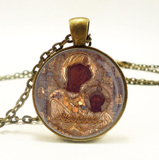 Panagia Portaitissa Iviron Theotokos Bronze Necklace Round Pendant