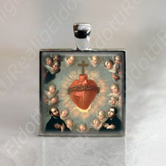 Our Lord Sacred Heart w Saints and Cherubs Square Catholic Medal Pendant Religious Christian Jewelry