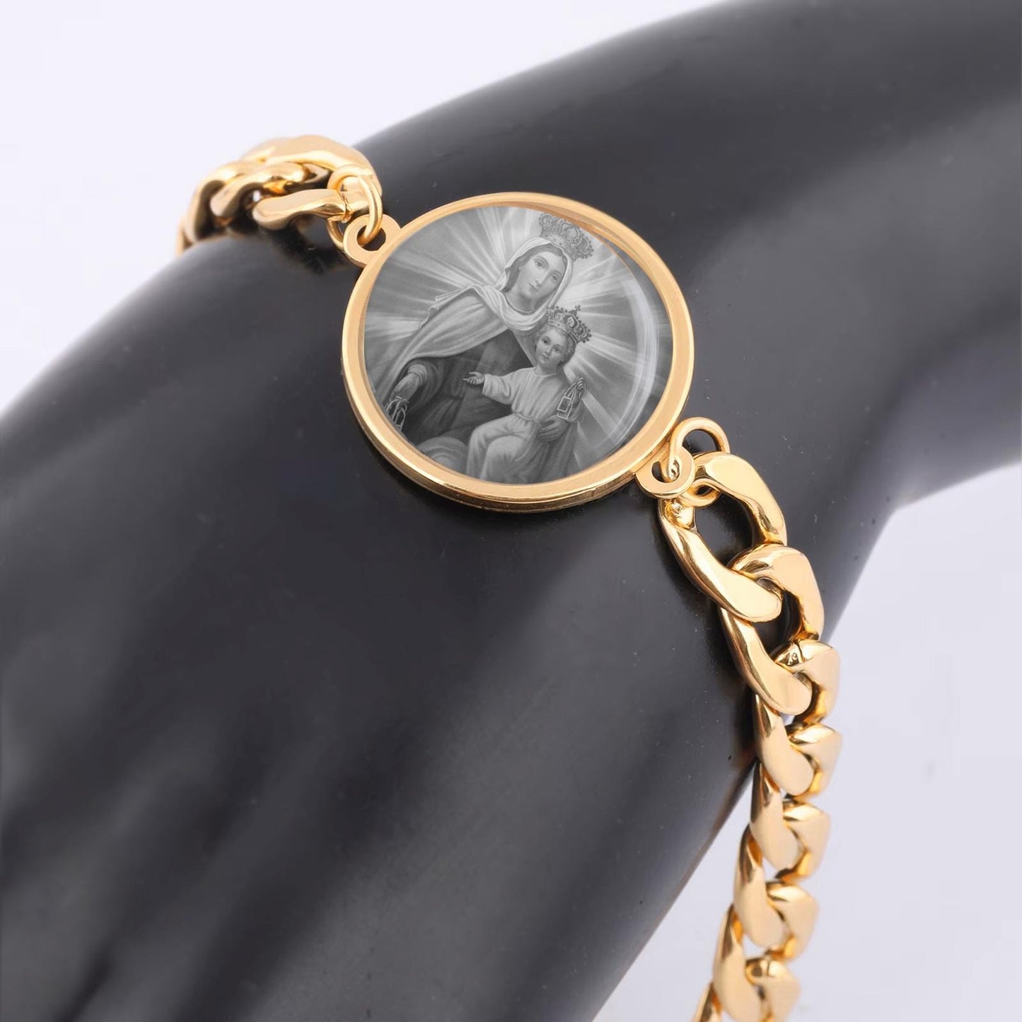 Our Lady Carmel Curb Bracelet Gold or Silver tone Religious Jewelry Simple Chain