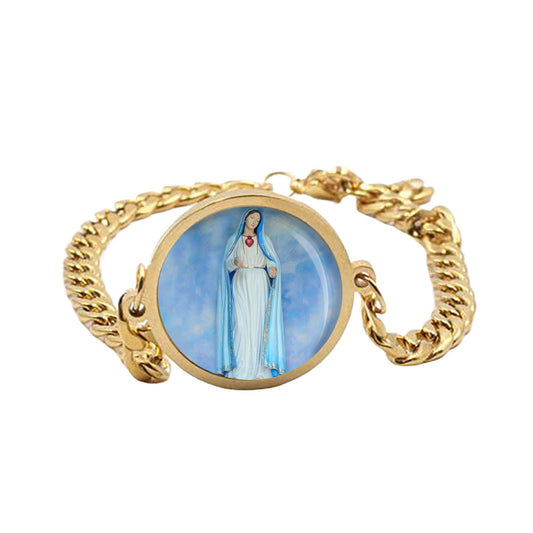 Our Lady Blue Mary Curb Bracelet Gold or Silver tone Religious Jewelry Simple Chain