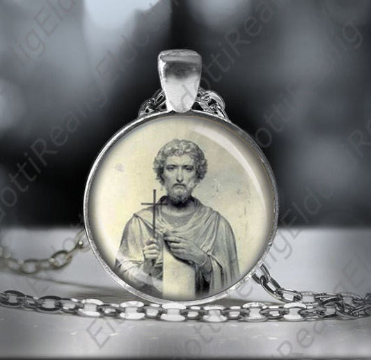 St. Justin Catholic Necklace Christian 25mm Medal Silvertone Pendant Patron Saint Religious Jewelry