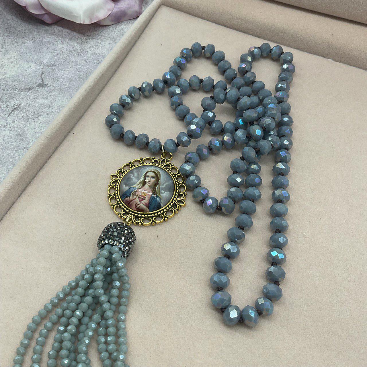 Our Lady Immaculate Heart - Purple Gray Czech Glass Beads - Long Necklace Sautoir - Virgin Mary Pendant and Tassel