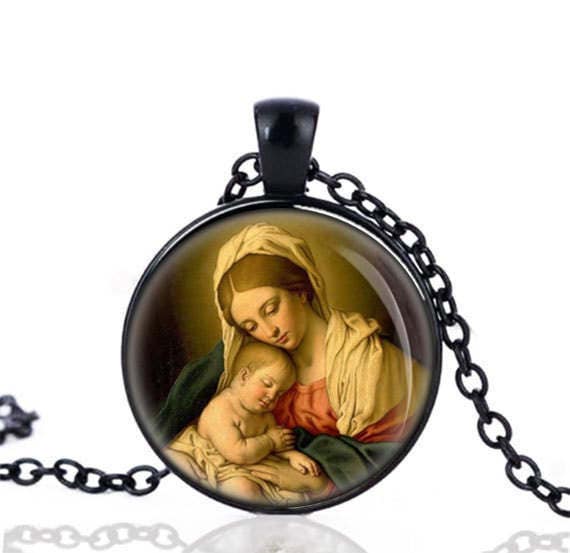 Our Lady Mother Mary and Baby Jesus Black Necklace Catholic Medal Religious Pendant w Chain