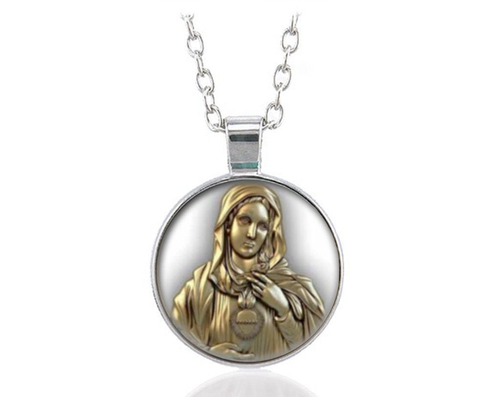 Necklace Mary Immaculate Heart Pendant. Religious Christian Medal Silvertone Chain