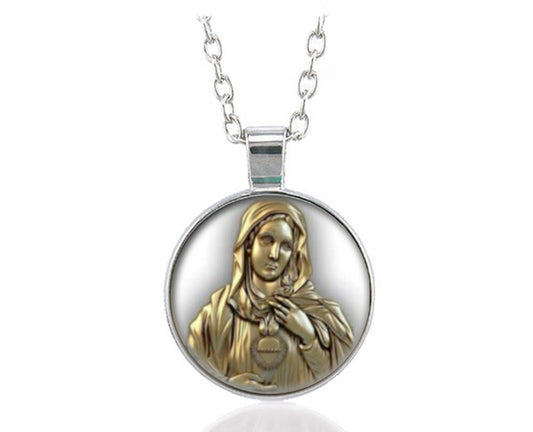 Necklace Mary Immaculate Heart Pendant. Religious Christian Medal Silvertone Chain