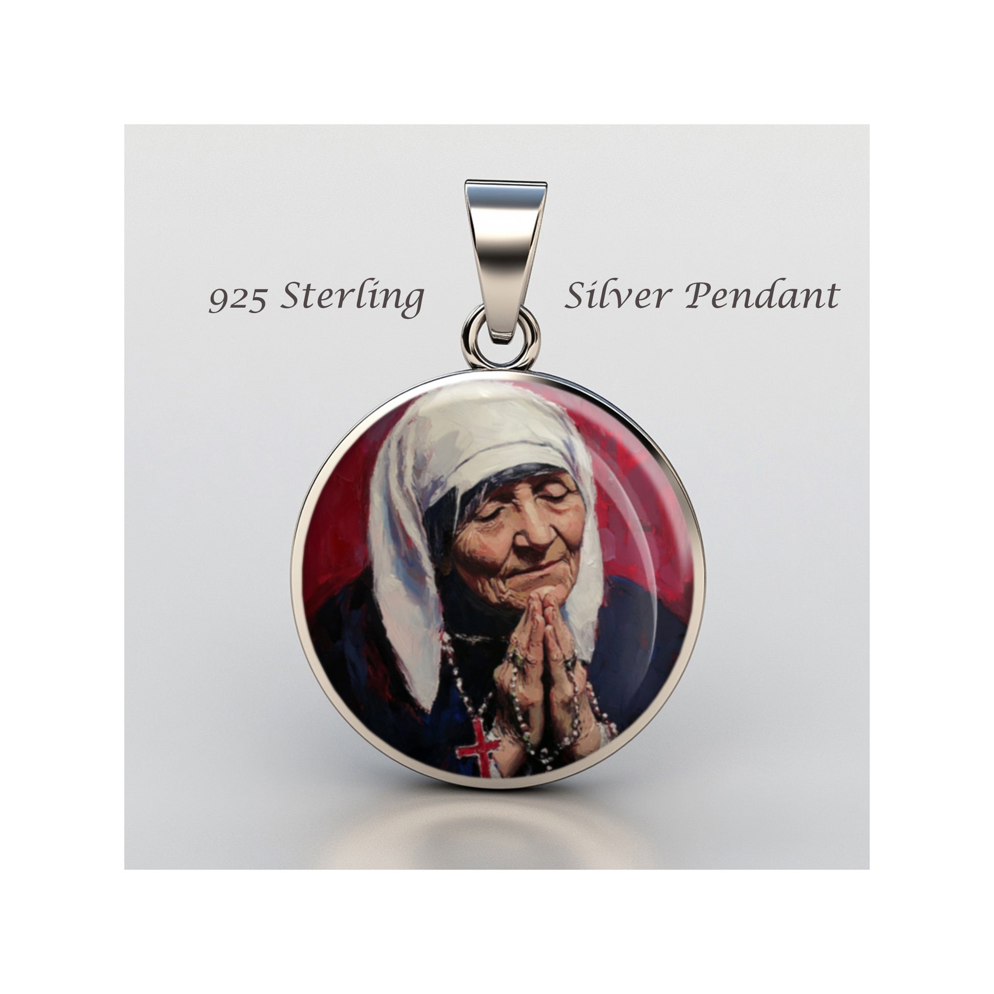 Saint Mother Teresa Oil Painting Catholic sterling silver 925 Christian Medal image 0