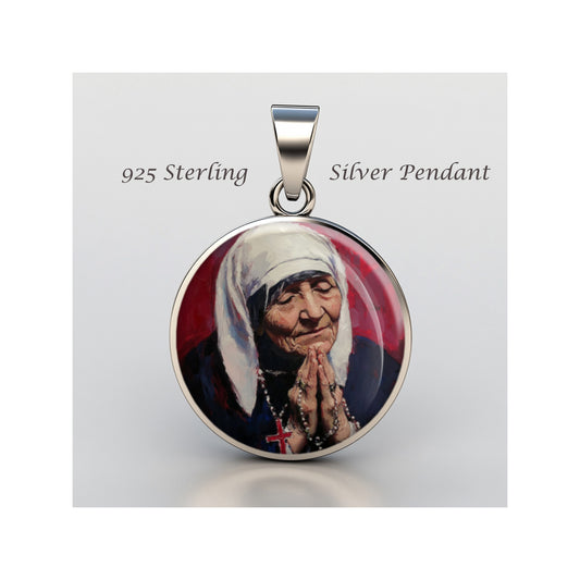 Saint Mother Teresa Oil Painting Catholic sterling silver 925 Christian Medal image 0