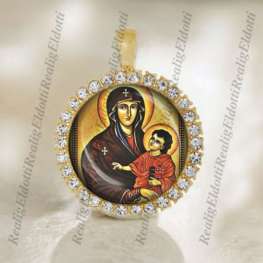 Most Holy Mother Mary and Child Jesus Icon Christian Orthodox Gold Tone Medal Pendant Jewelry