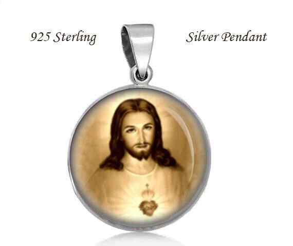 Sacred Heart of Jesus Sepia 925 Sterling Silver Pendant 20mm