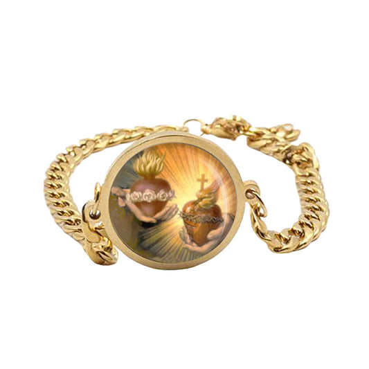 Mary Immaculate And Sacred Heart Jesus Curb Bracelet Gold or Silver tone Religious Jewelry Simple Chain