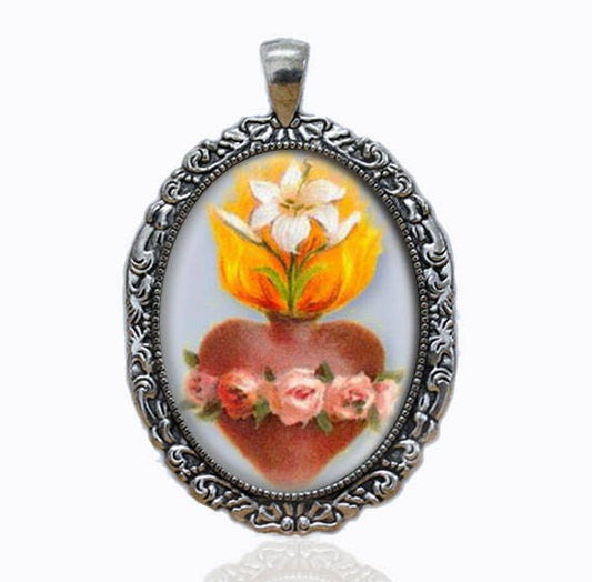 Religious Catholic Medal Silver Tone Pendant Virgin Mary Immaculate Heart