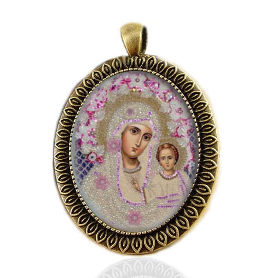 Our Lady of Kazan Medal Virgin Mary w Child Jesus - Christian Pendant Orthodox Icon. Mother Theotokos and Baby Pendant.