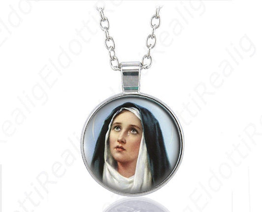 Our Mother Sorrows Necklace Mary Tears Catholic Medal Silver Tone Pendant Round Jewelry Necklace