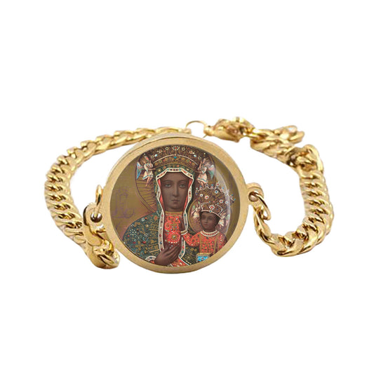 Our Lady Czestochowa Curb Bracelet Gold or Silver tone Religious Jewelry Simple Chain