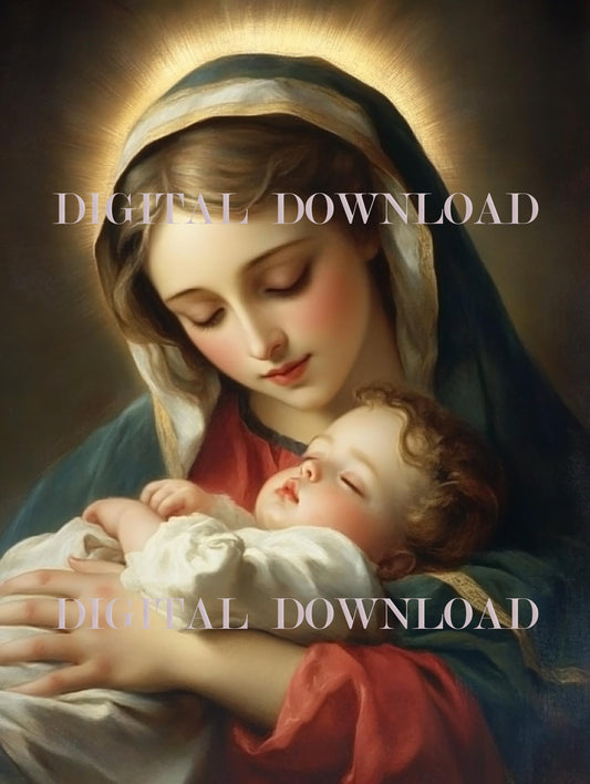 Mother Mary and Sleeping Baby Jesus Custom Print Digital Image image 0