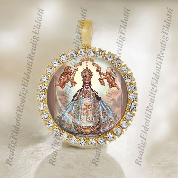 Our Lady of San Juan de los Lagos Catholic Gold Tone Medal Pendant / Charm Cabochon