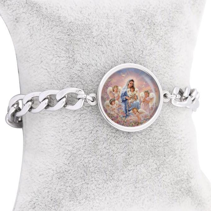 Our Lady Mary, Baby And Cherubs Curb Bracelet Gold or Silver tone Religious Jewelry Simple Chain