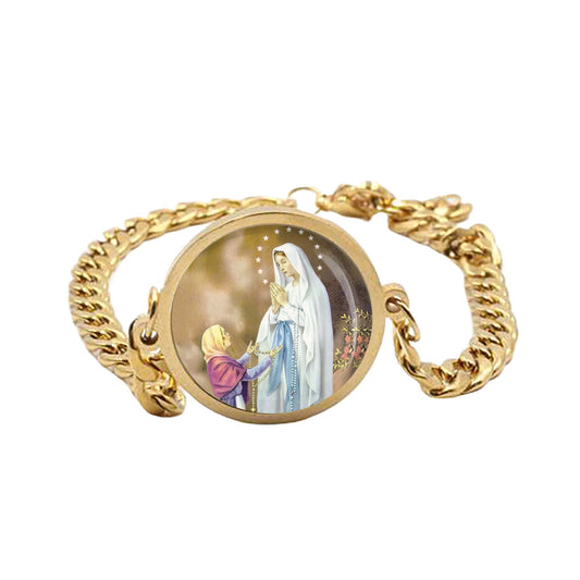 Our Lady Lourdes Curb Bracelet Gold or Silver tone Religious Jewelry Simple Chain
