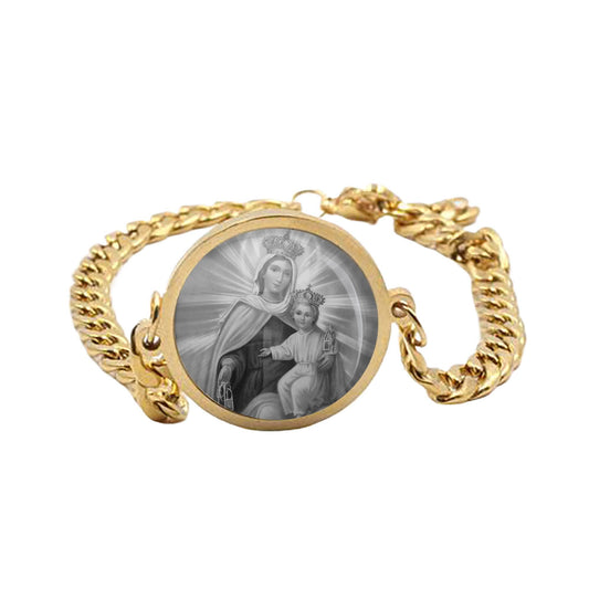 Our Lady Carmel Curb Bracelet Gold or Silver tone Religious Jewelry Simple Chain