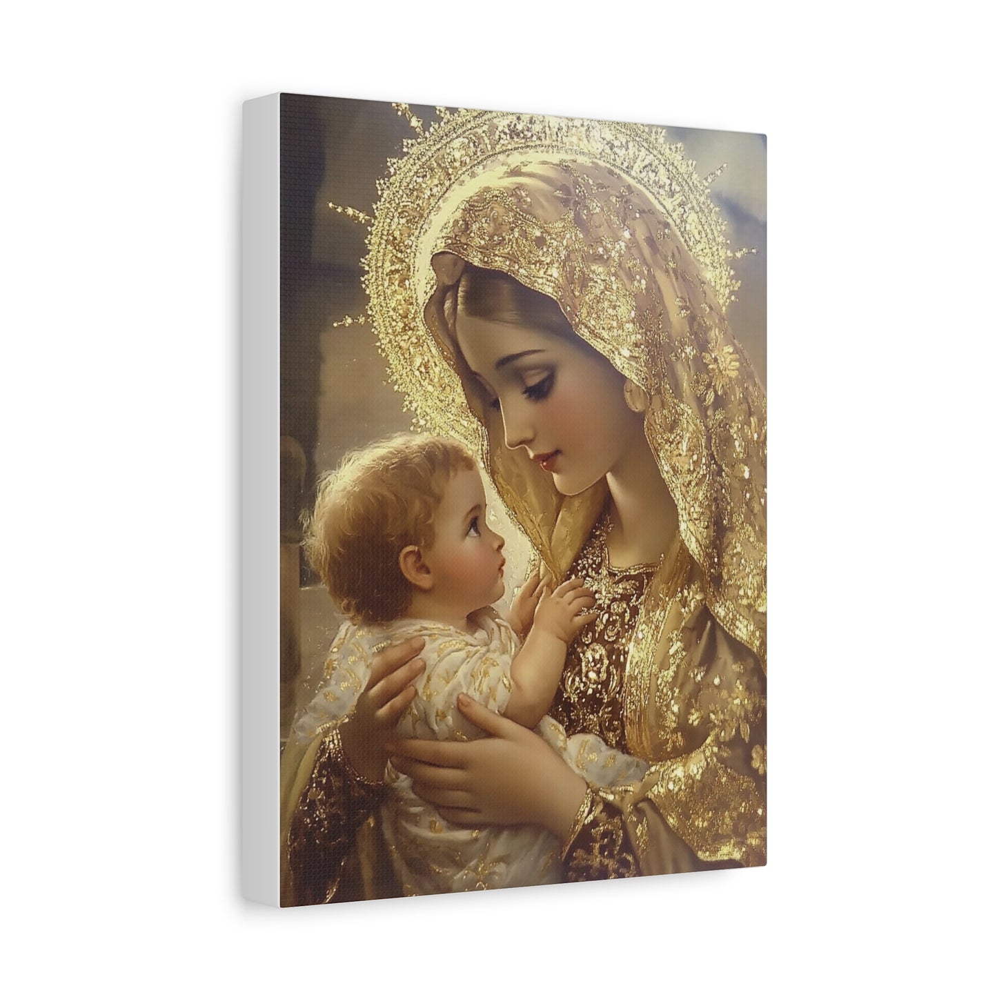 Mary and Baby in Gold Catholic Canvas Wall Art, Christian Decor