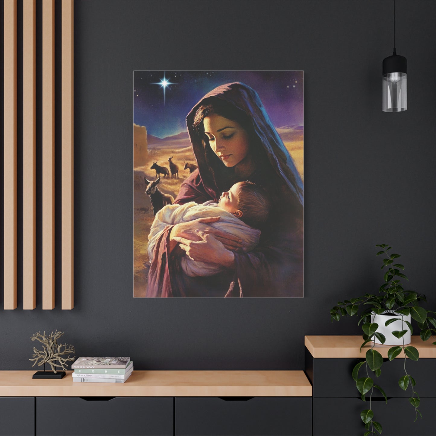 Mother Mary and Newborn Jesus Nativity Star Catholic Canvas Wall Art, Christian Decor