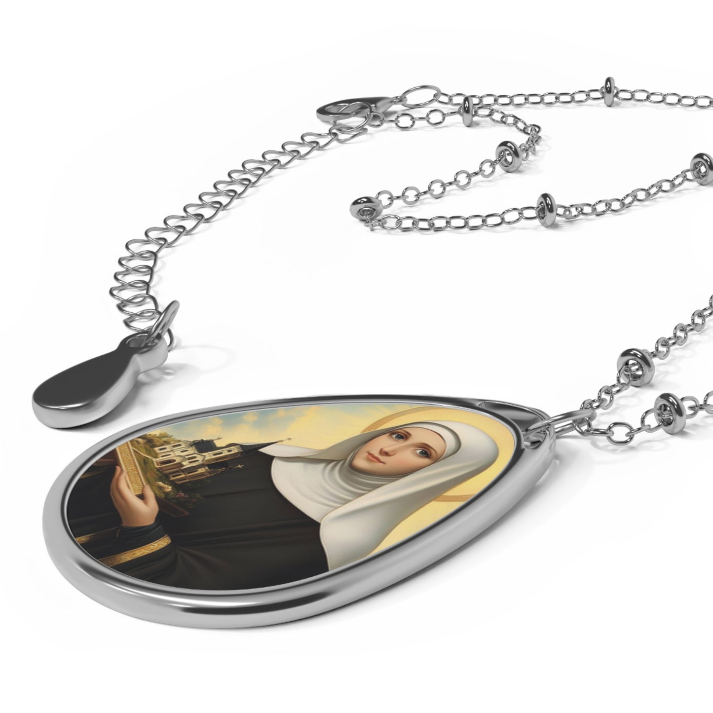 St Agnes of Bohemia Necklace Drop Oval Pendant Silver Tone Medal