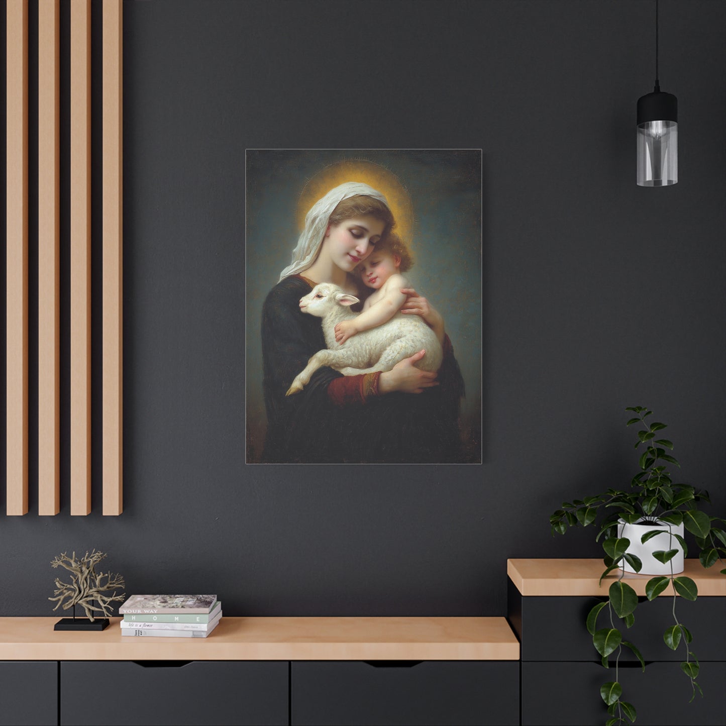 Mother Mary with Baby Jesus and Lamb Catholic Canvas Wall Art, Christian Decor