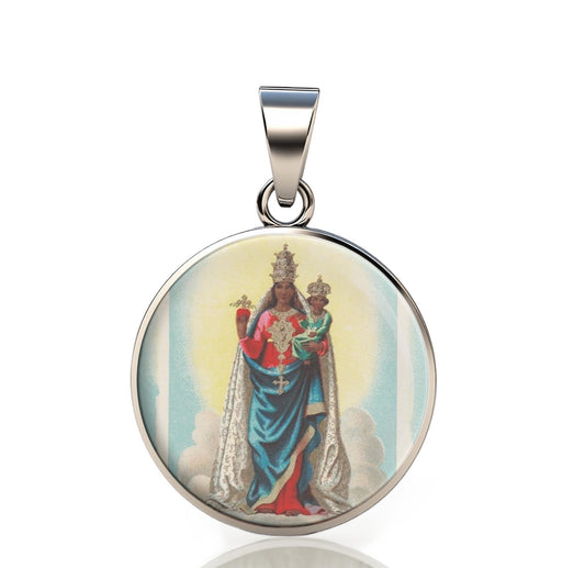 Our Lady Oropa 925 Sterling Silver Round Pendant Christian Religious Medal Small 20mm