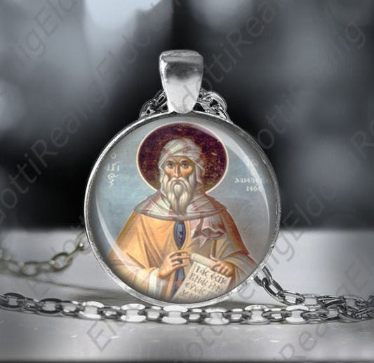 St. John of Damascus Catholic Necklace Religious 25mm Medal Pendant Silvertone w 24'' Chain