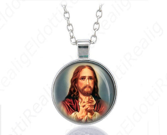 Jesus Christ Catholic Necklace Medal Miracle Silver Tone Pendant 24'' Chain