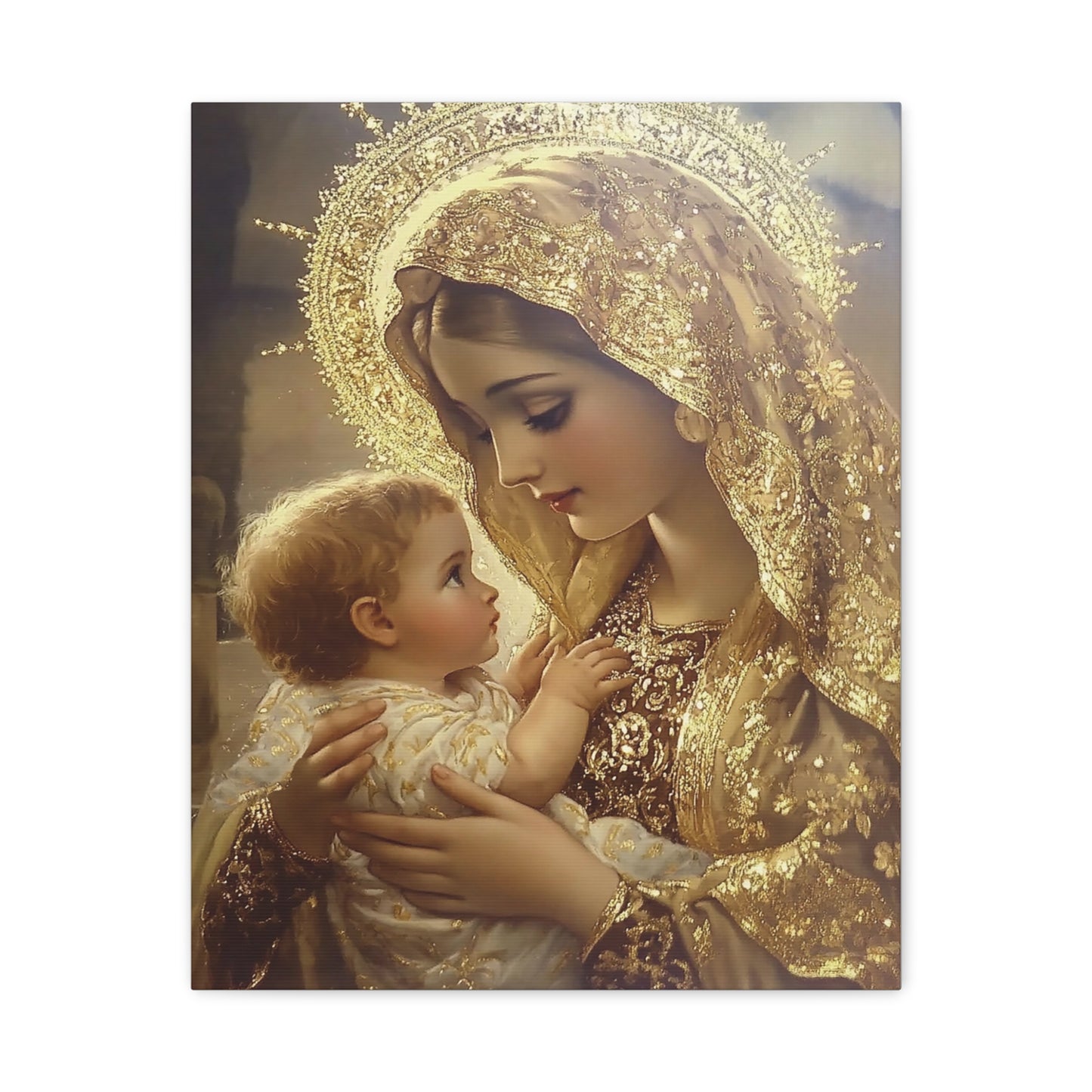 Mary and Baby in Gold Catholic Canvas Wall Art, Christian Decor