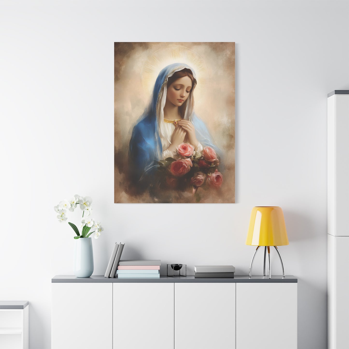 Mother Mary with Roses Catholic Canvas Wall Art, Christian Decor
