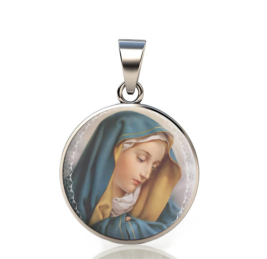 Our Lady Sorrows 925 Sterling Silver Round I Pendant Christian Religious Medal Small 20mm
