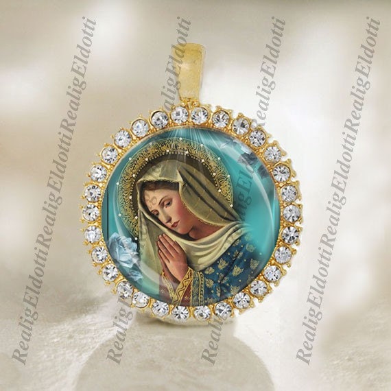 Virgin Mother Mary In Prayer - Christian Catholic Gold / Silver Medal. Blessed Virgin Mary Pendant with Rhinestones