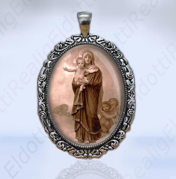 Our Lady of Angels Virgin Mary and Baby Jesus and Cherubs Catholic Christian Medal Pendant Silvertone Oval Large