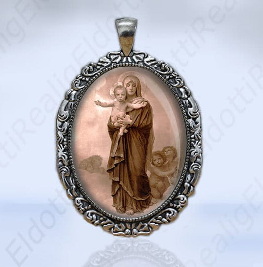 Our Lady of Angels Virgin Mary and Baby Jesus and Cherubs Catholic Christian Medal Pendant Silvertone Oval Large