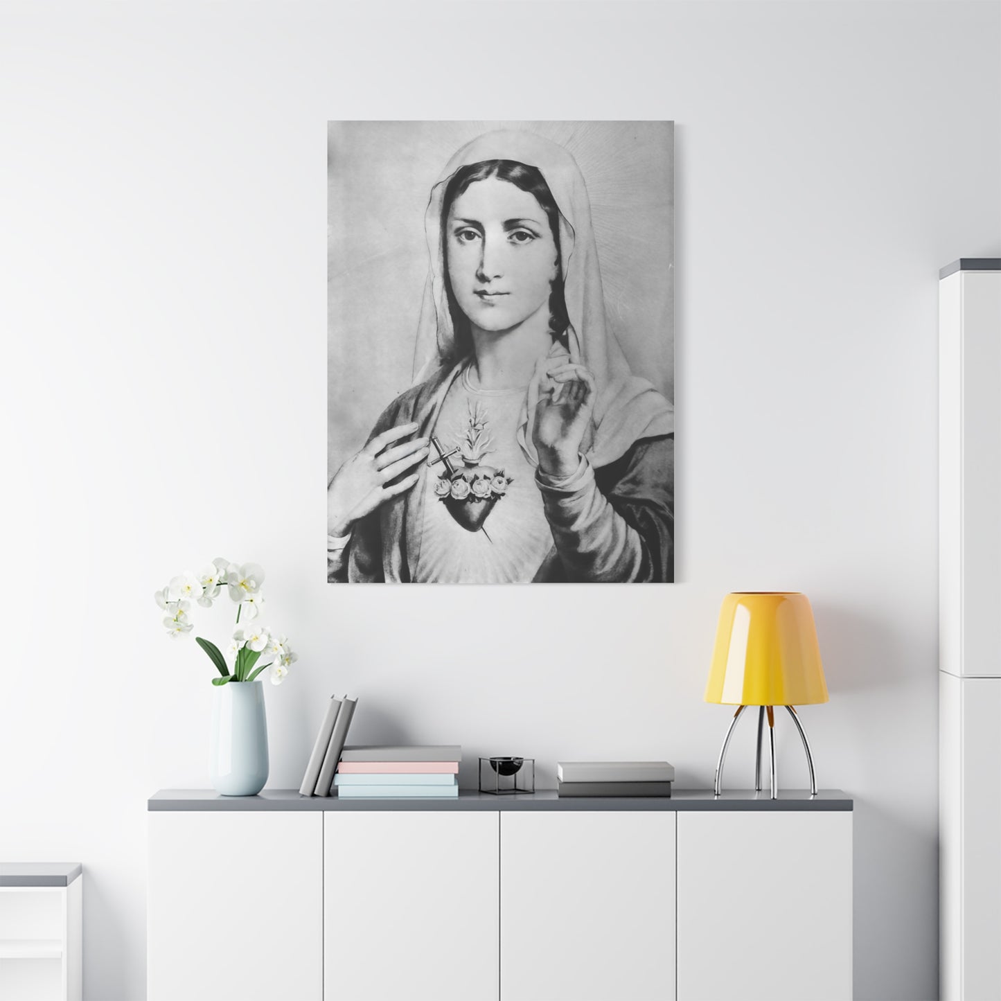Ready To Hang - Black and White Mother Mary Immaculate Heart Catholic Canvas Wall Art, Christian Decor