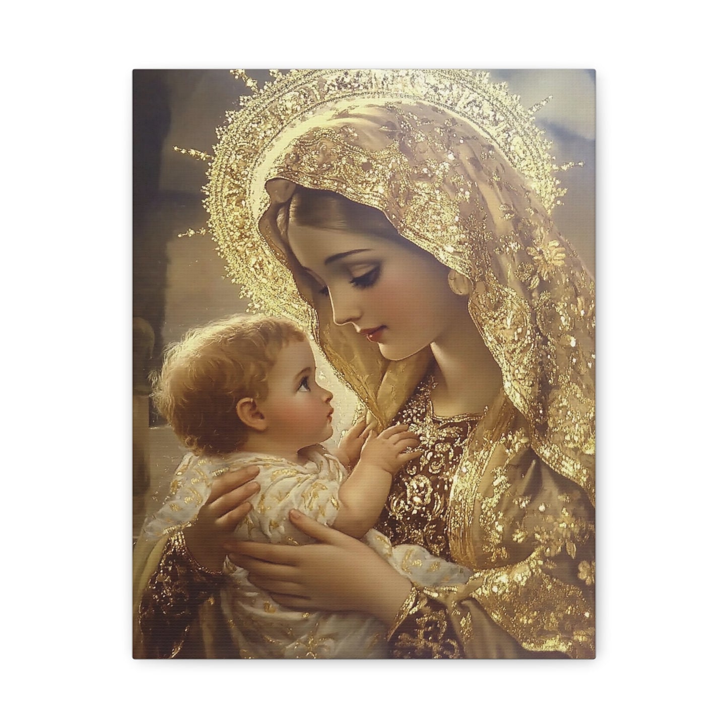 Mary and Baby in Gold Catholic Canvas Wall Art, Christian Decor