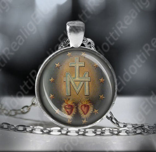 Miraculous Emblem Catholic Necklace. Mary Miraculous Symbol Pendant. Religious Christian Medal Silvertone chain